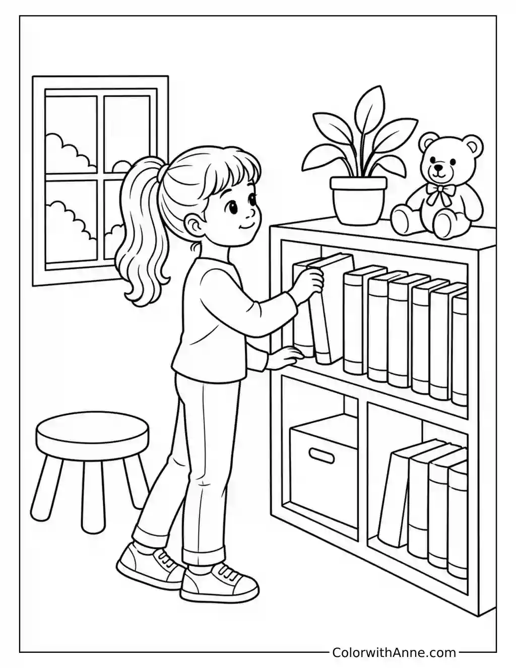 Little Reader Choosing a Library Book coloring page