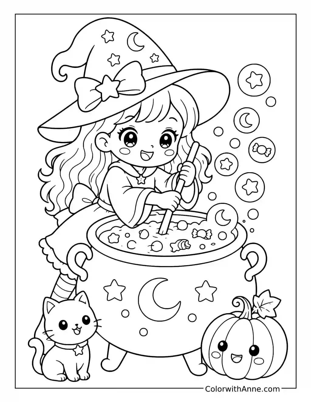 Little Witch Brewing a Magic Potion coloring page
