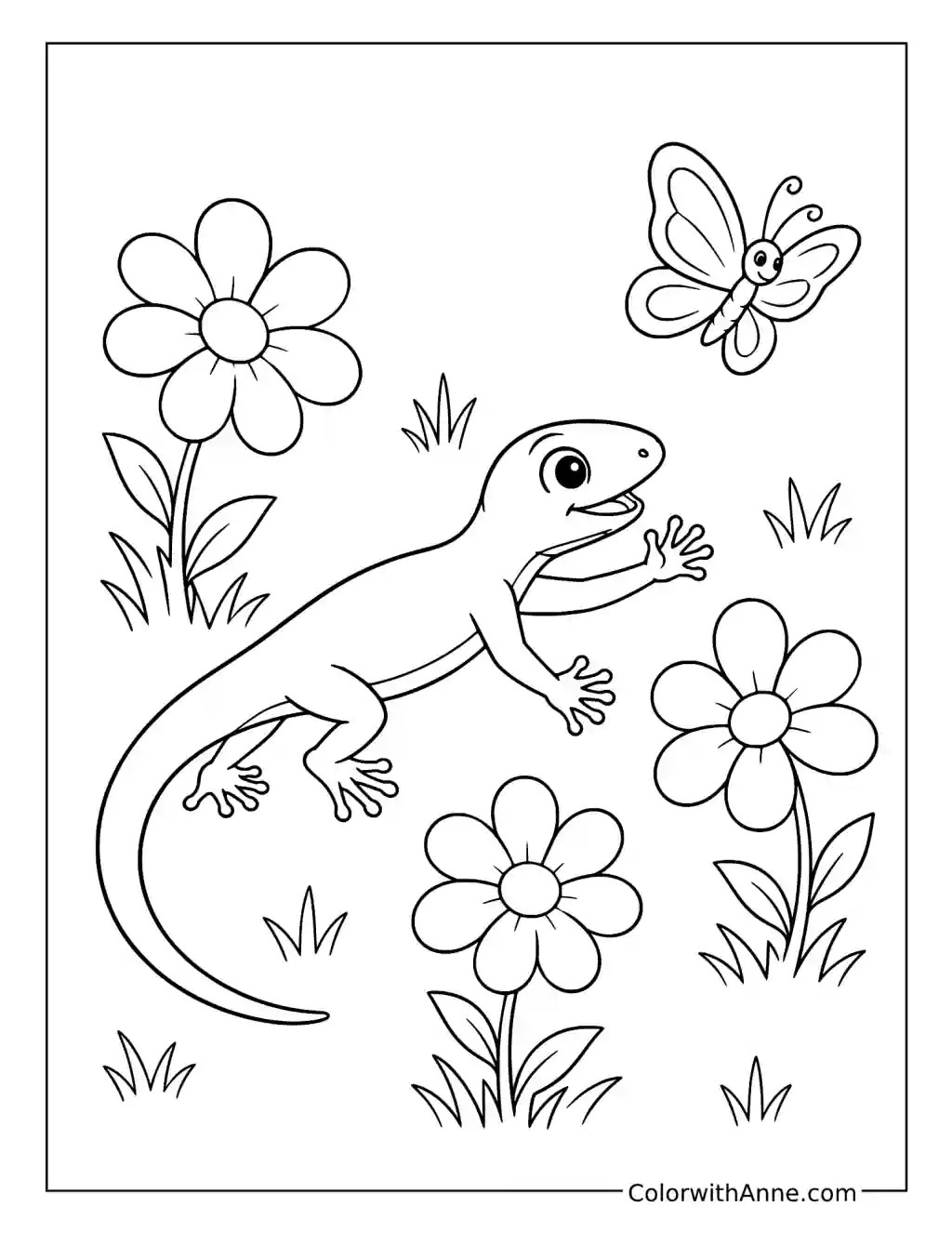 Lizard Chasing a Butterfly Through Flowers coloring page