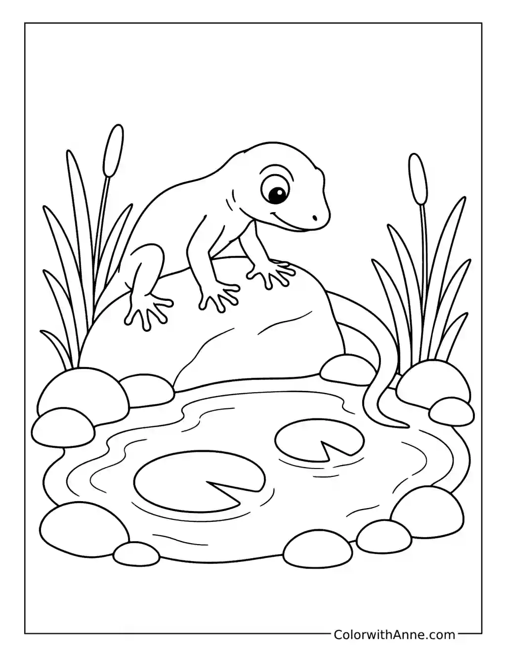 Lizard Watching a Lily Pond coloring page
