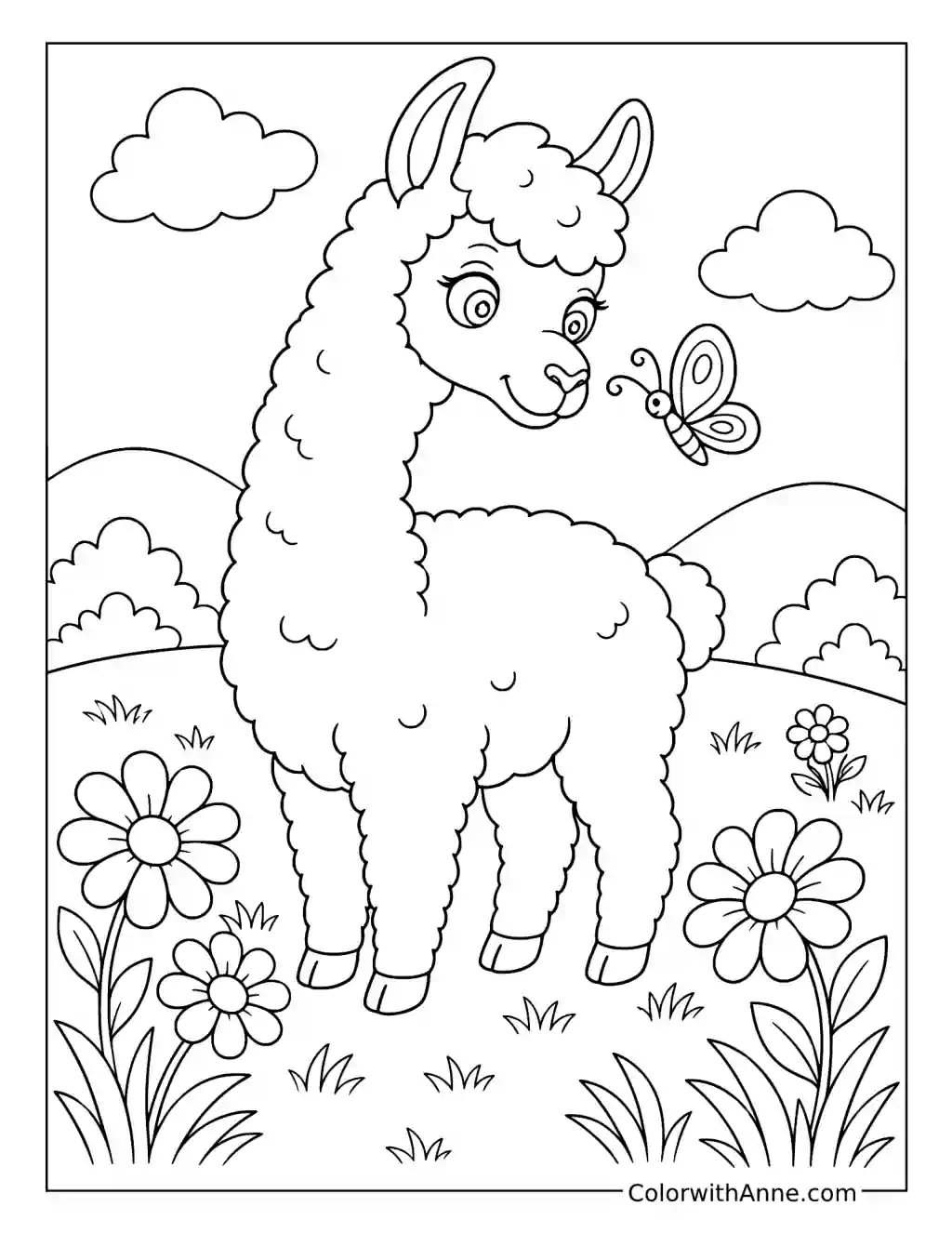 Llama and Butterfly coloring page