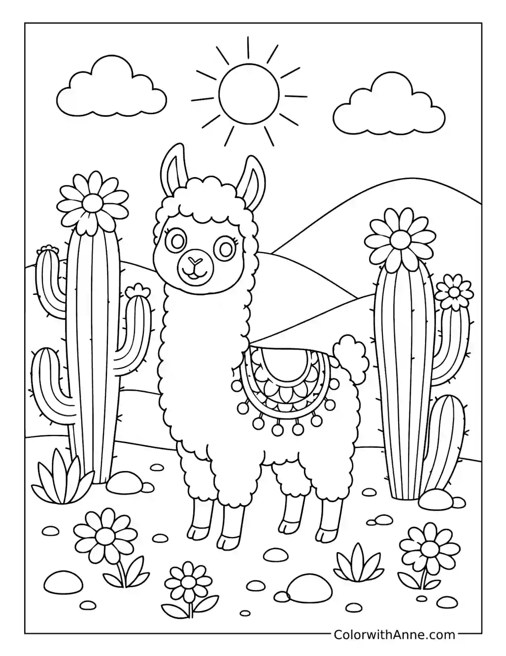Llama and Cactus coloring page