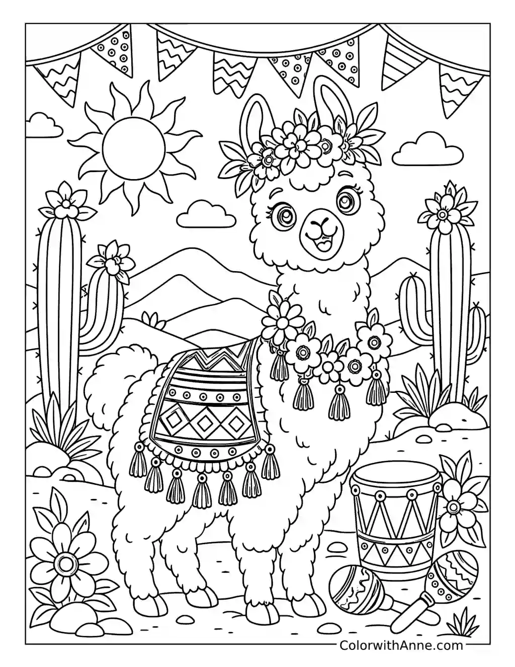 Llama at a Desert Fiesta coloring page