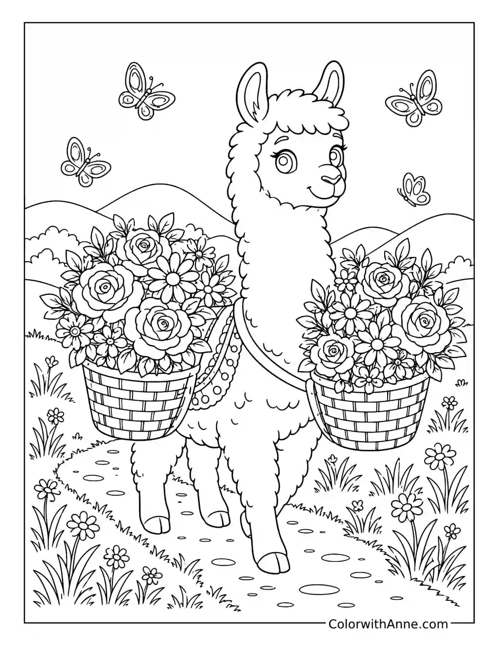 Llama Carrying Flowers coloring page