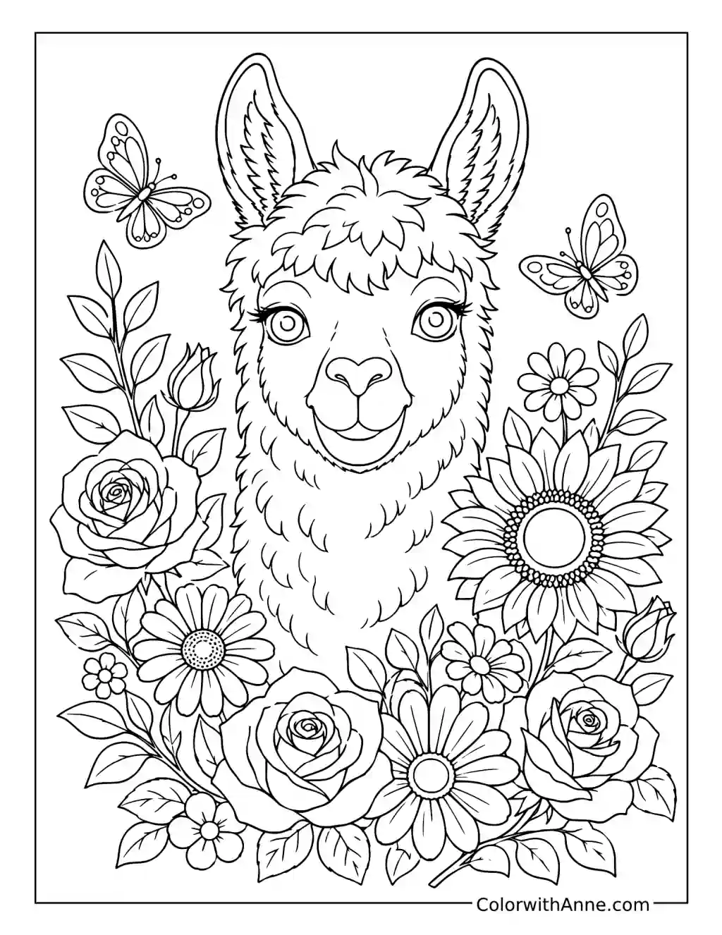Llama Floral Portrait coloring page