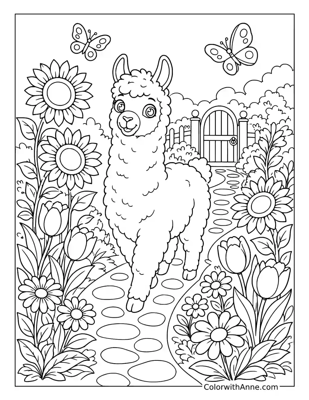 Llama in a Flower Garden coloring page