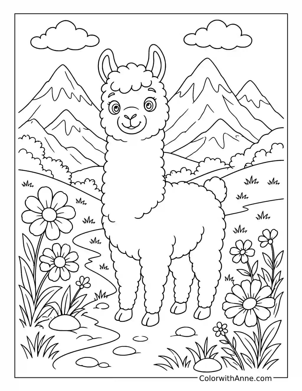 Llama in a Mountain Meadow coloring page