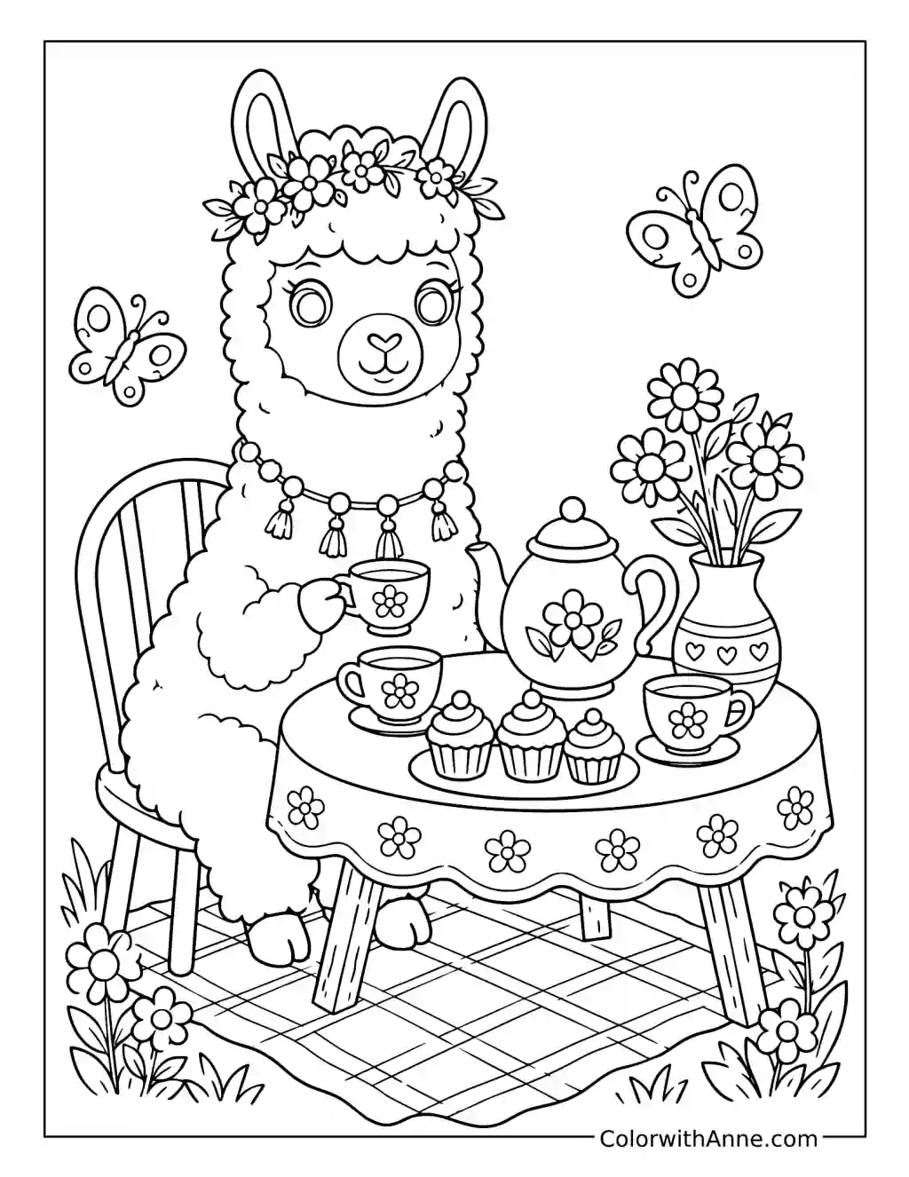 Llama Tea Party coloring page