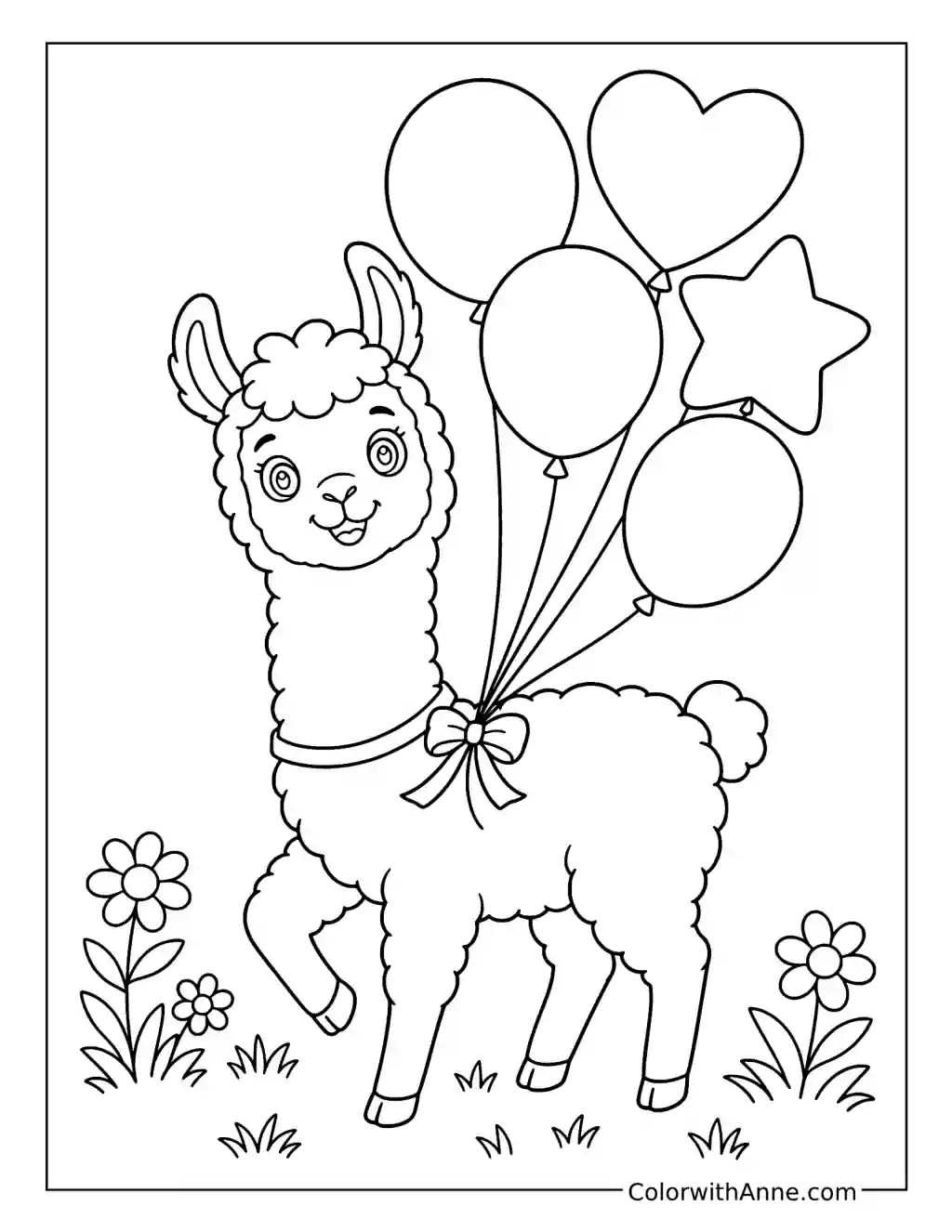 Llama with Balloons coloring page