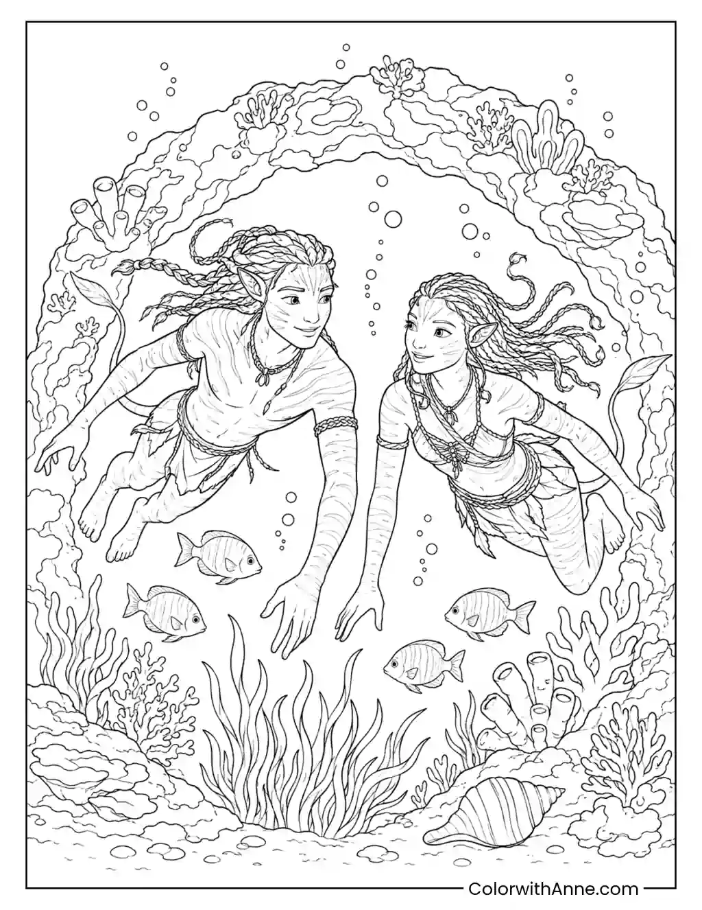 Lo'ak and Tsireya Beneath the Coral Arch coloring page
