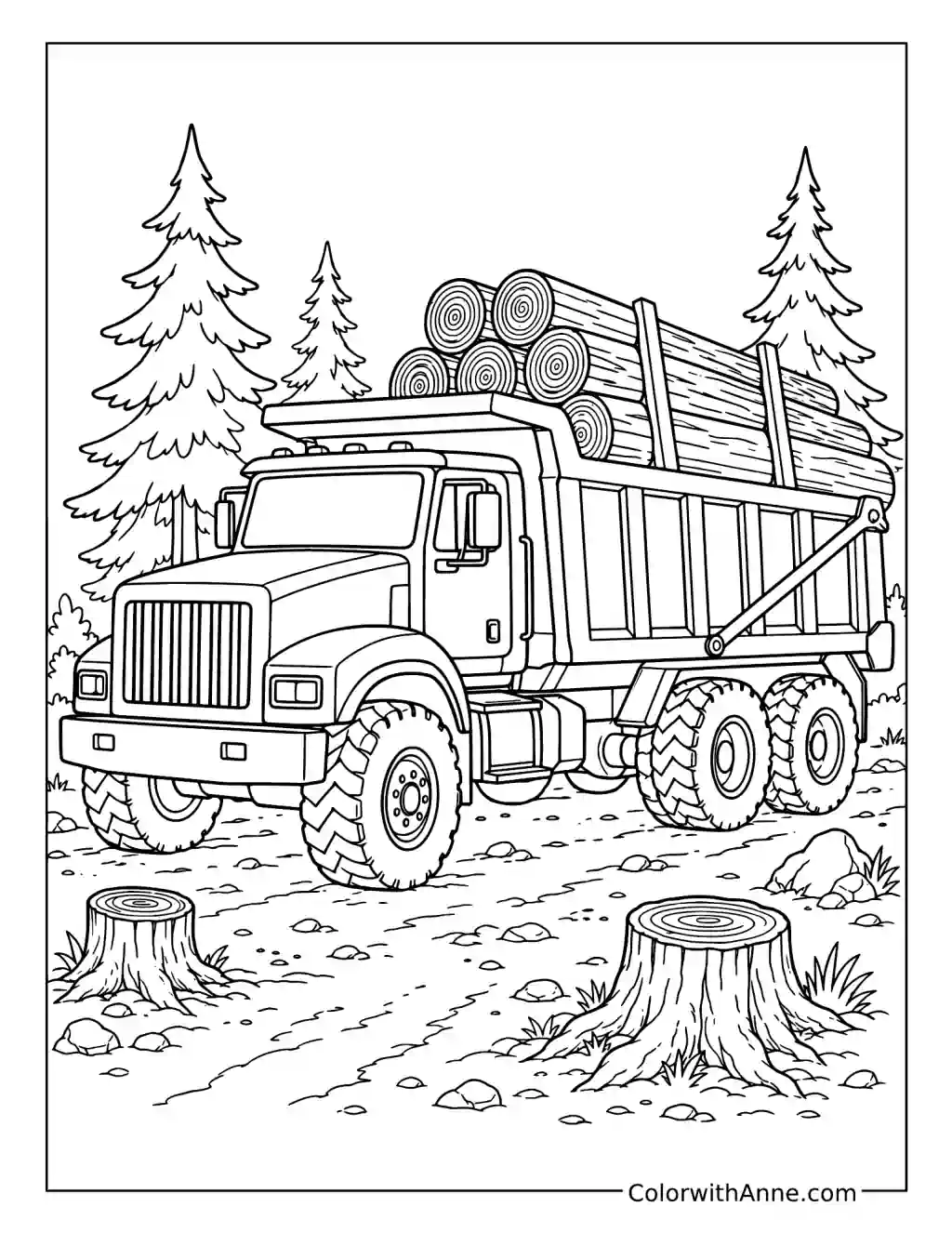 Logging Dump Truck Carrying Cut Timber coloring page