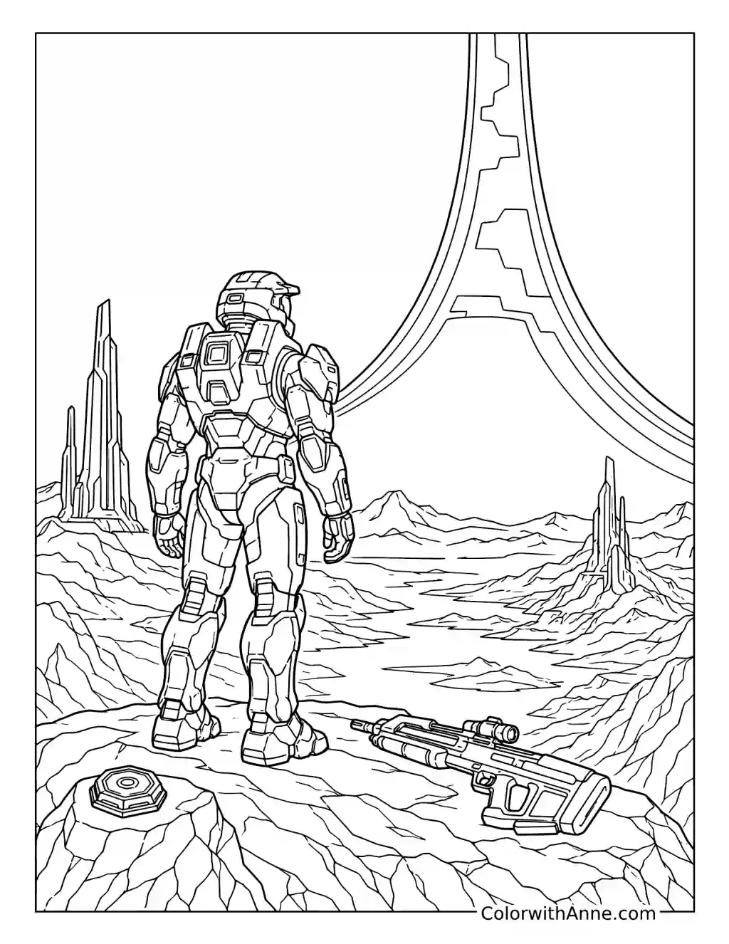 Lone Spartan Surveying the Halo Ring coloring page