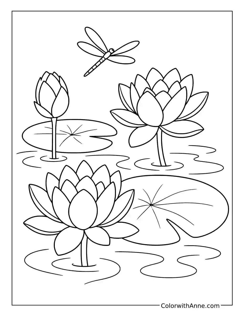 Lotus Flowers and a Dragonfly above a Pond coloring page