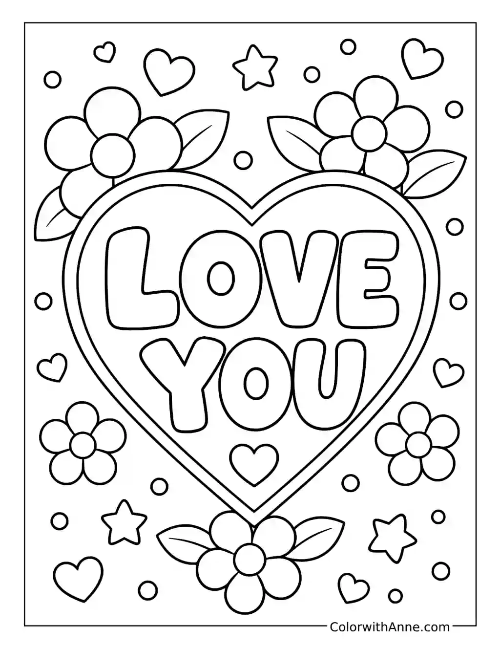 Love You Heart with Flowers coloring page