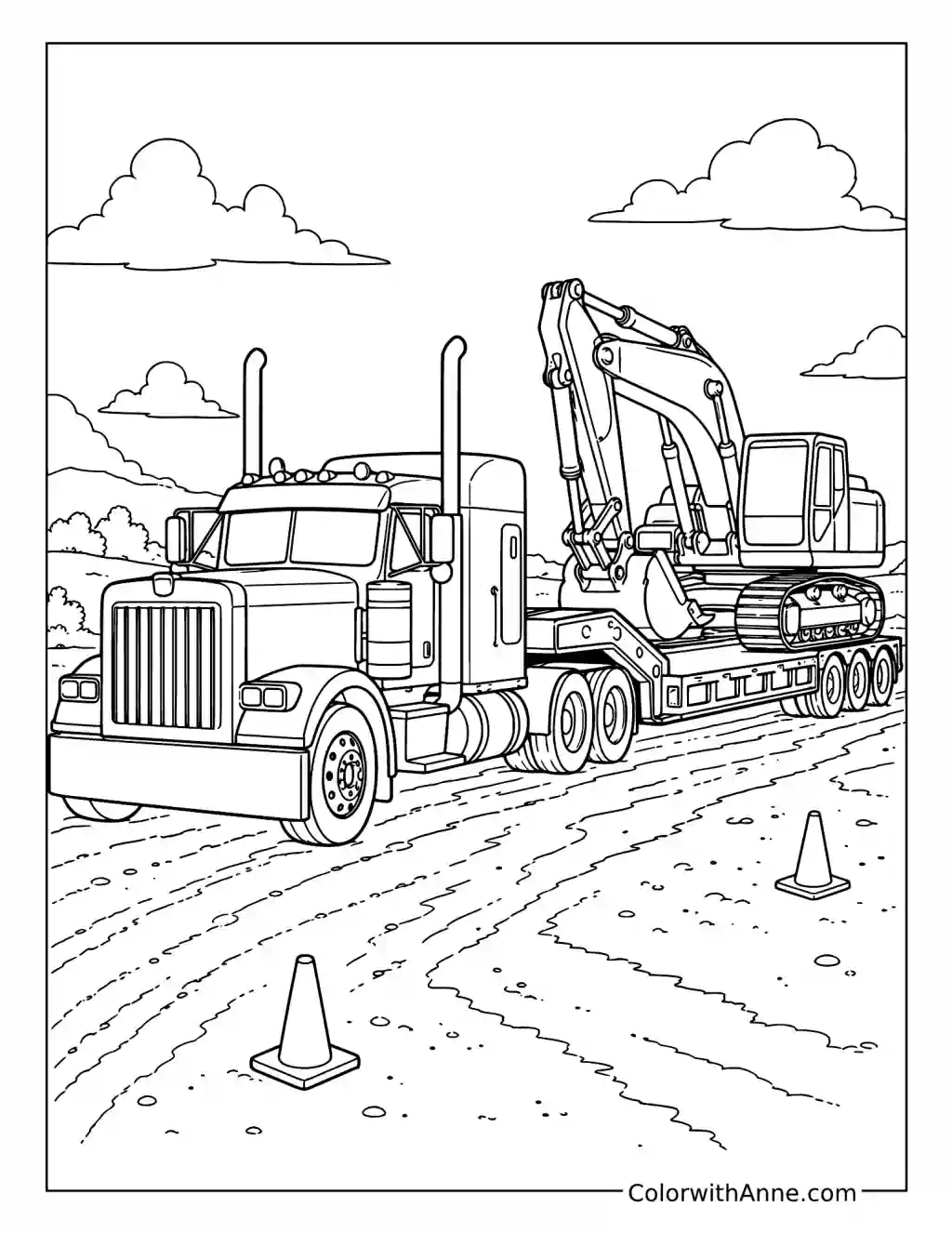 Lowboy Semi Truck Hauling an Excavator coloring page