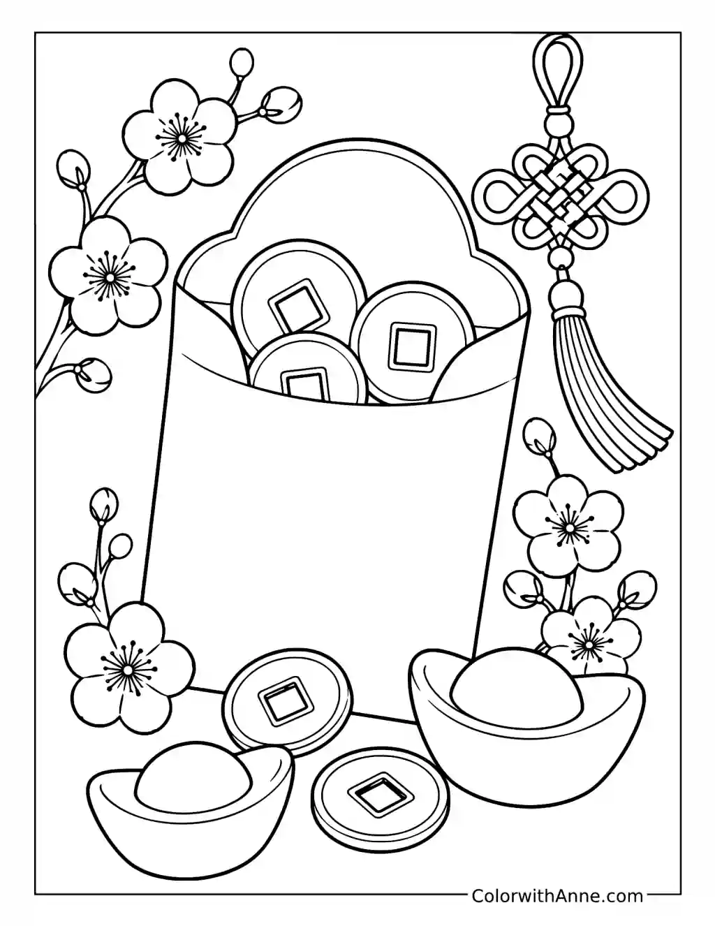 Lucky Red Envelope with Coins and Ingots coloring page