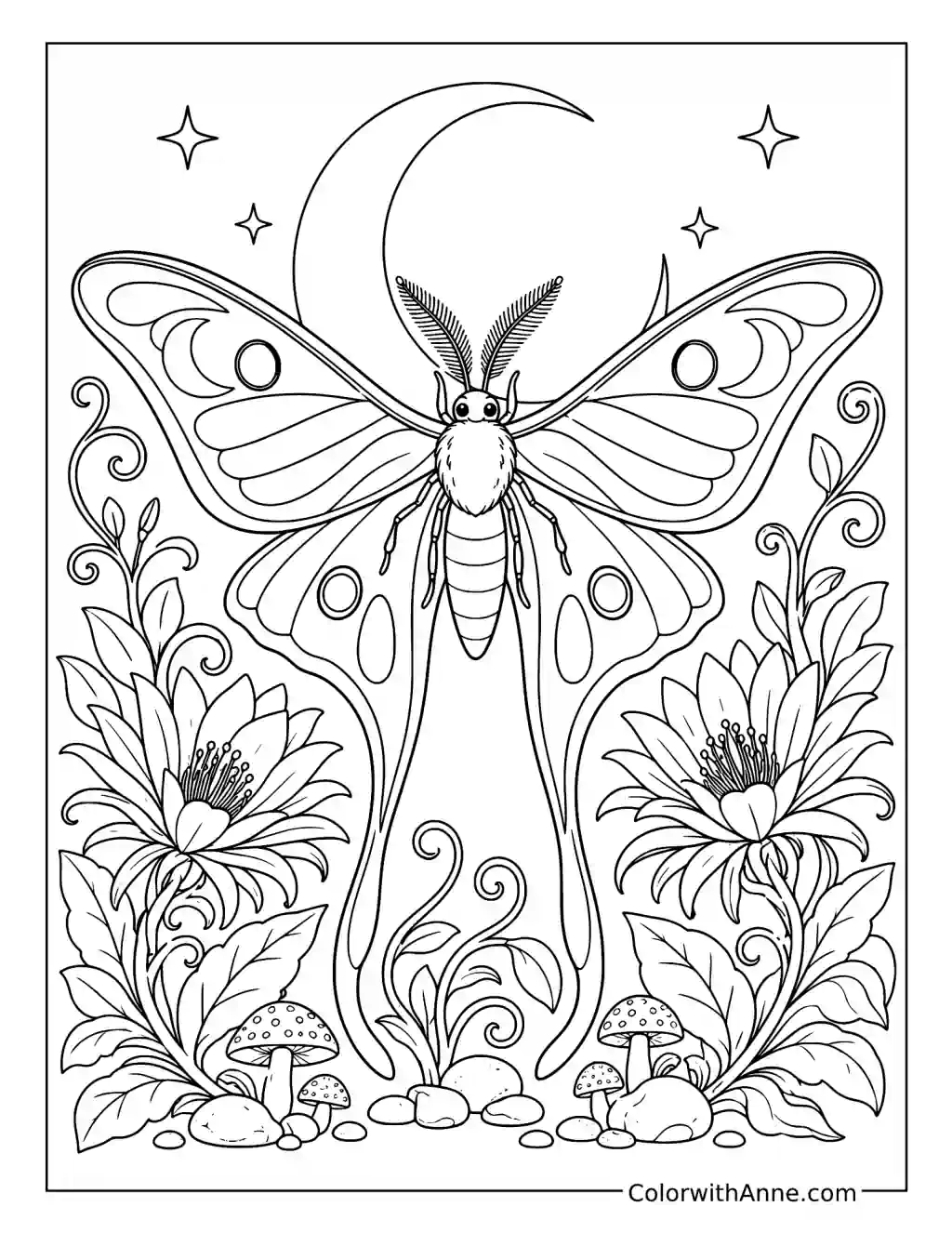 Luna Moth Moon Garden coloring page
