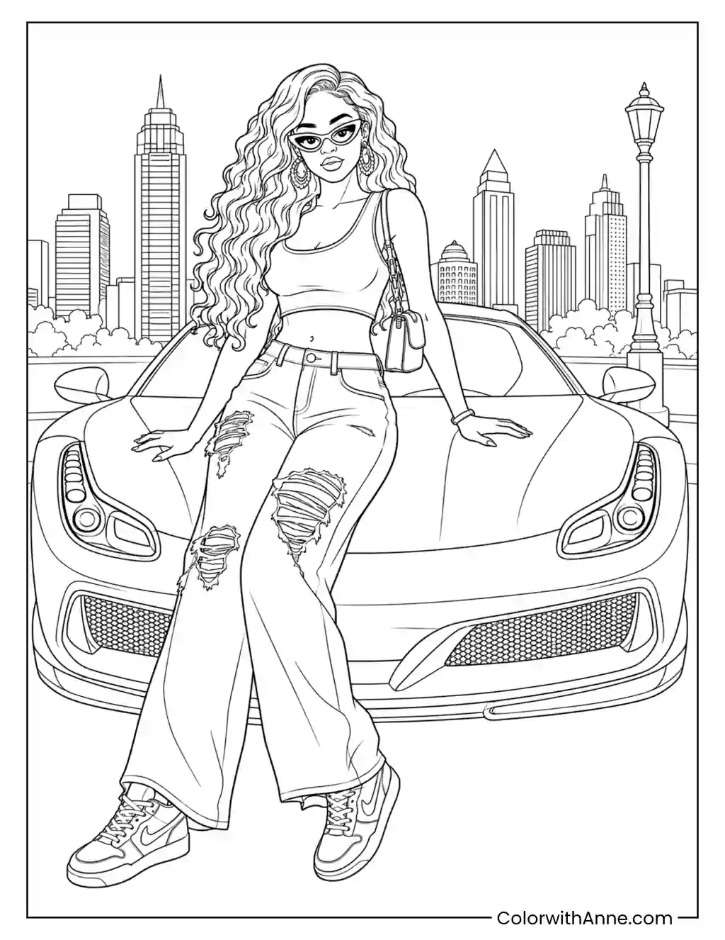 Luxury Car Hood Baddie coloring page