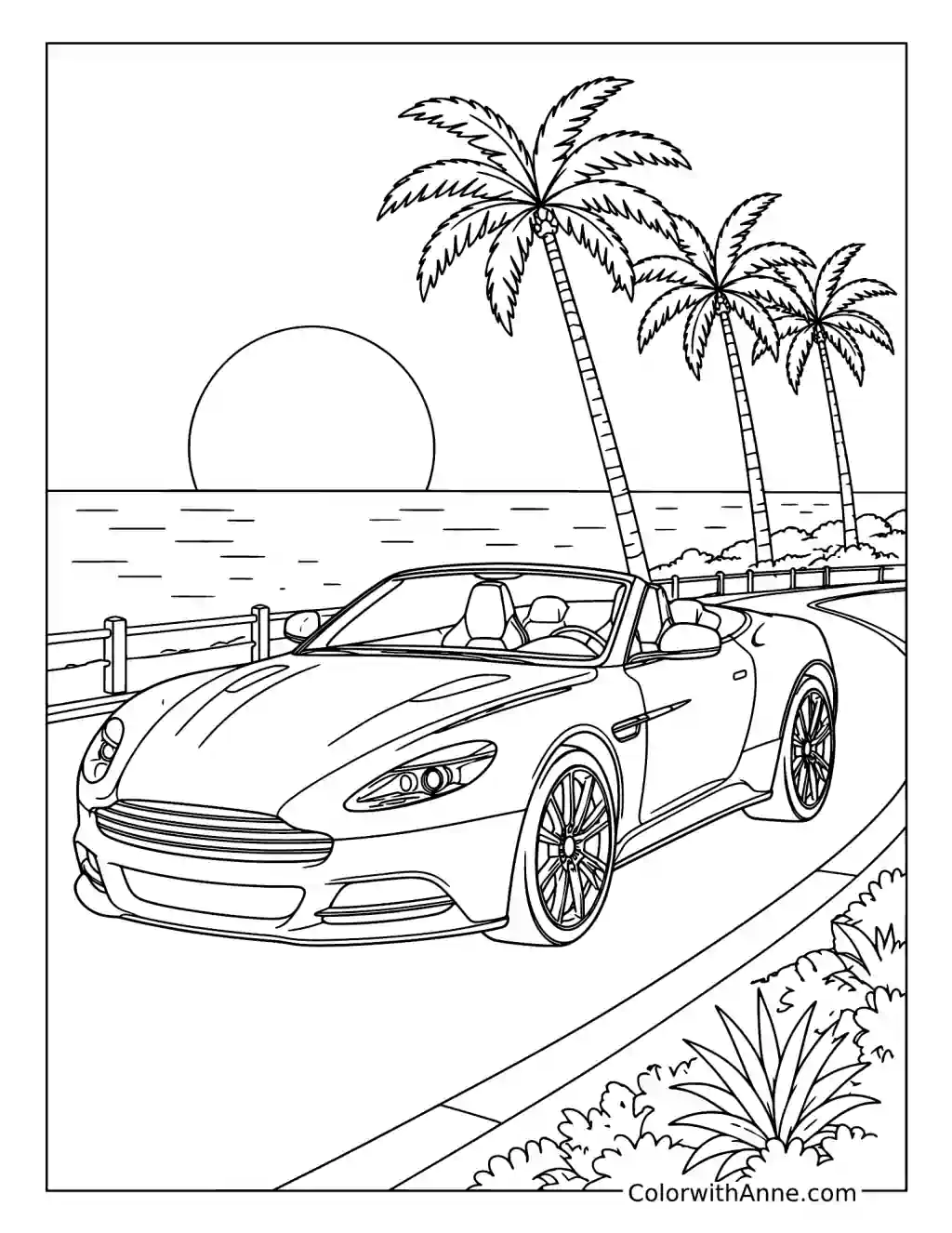 Luxury Convertible by the Palm-Lined Coast coloring page