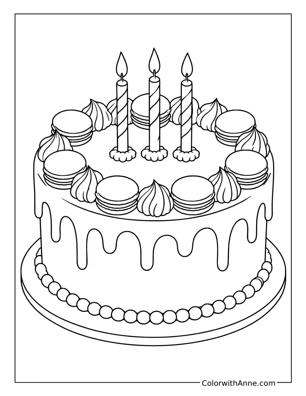 Macaron Drip Birthday Cake coloring page