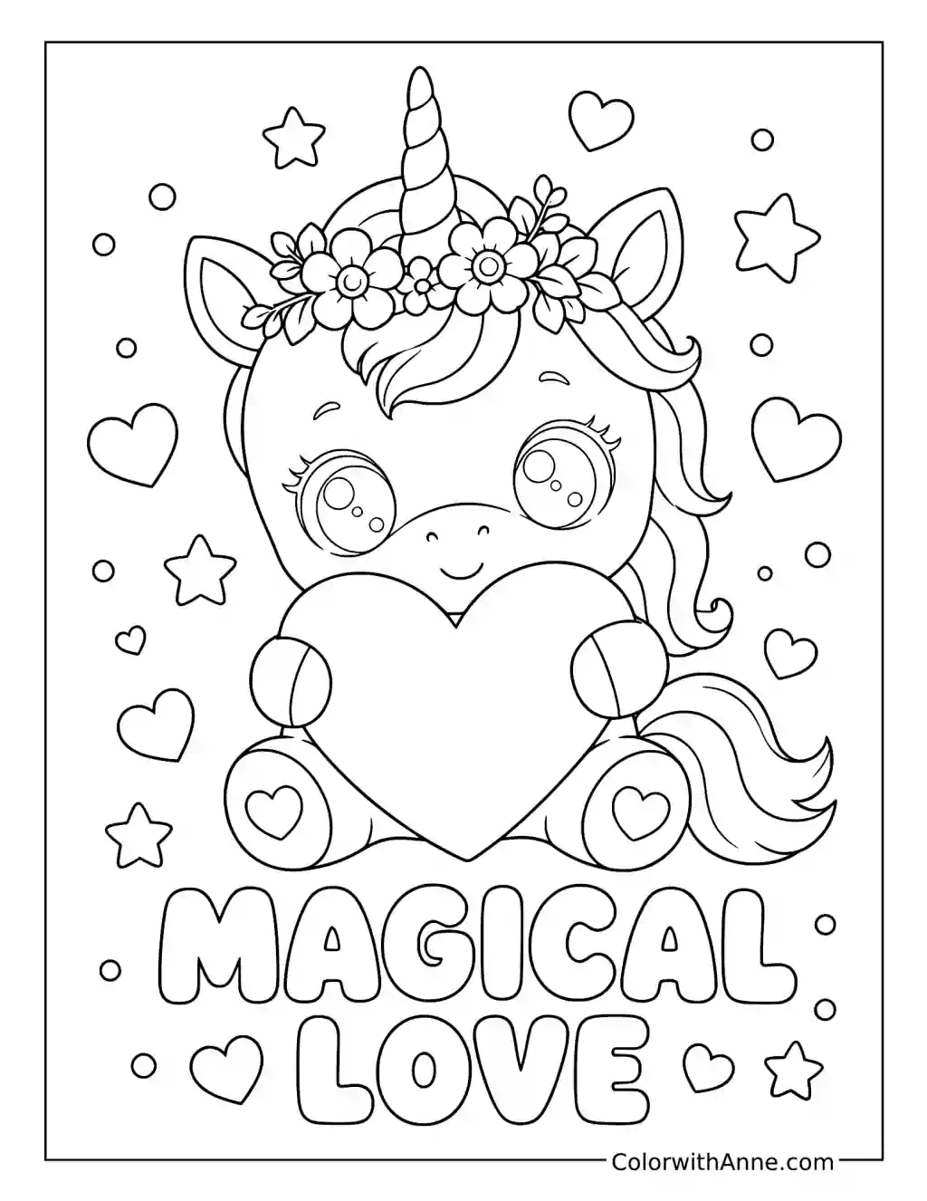 Magical Love Unicorn Holding a Heart coloring page