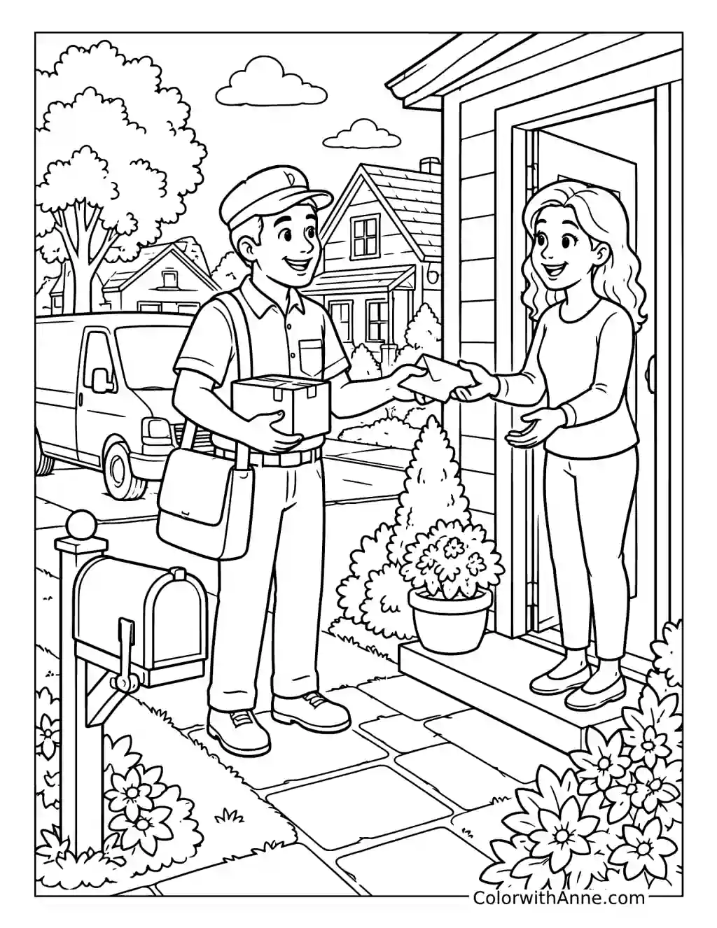 Mail Carrier Delivering a Package coloring page
