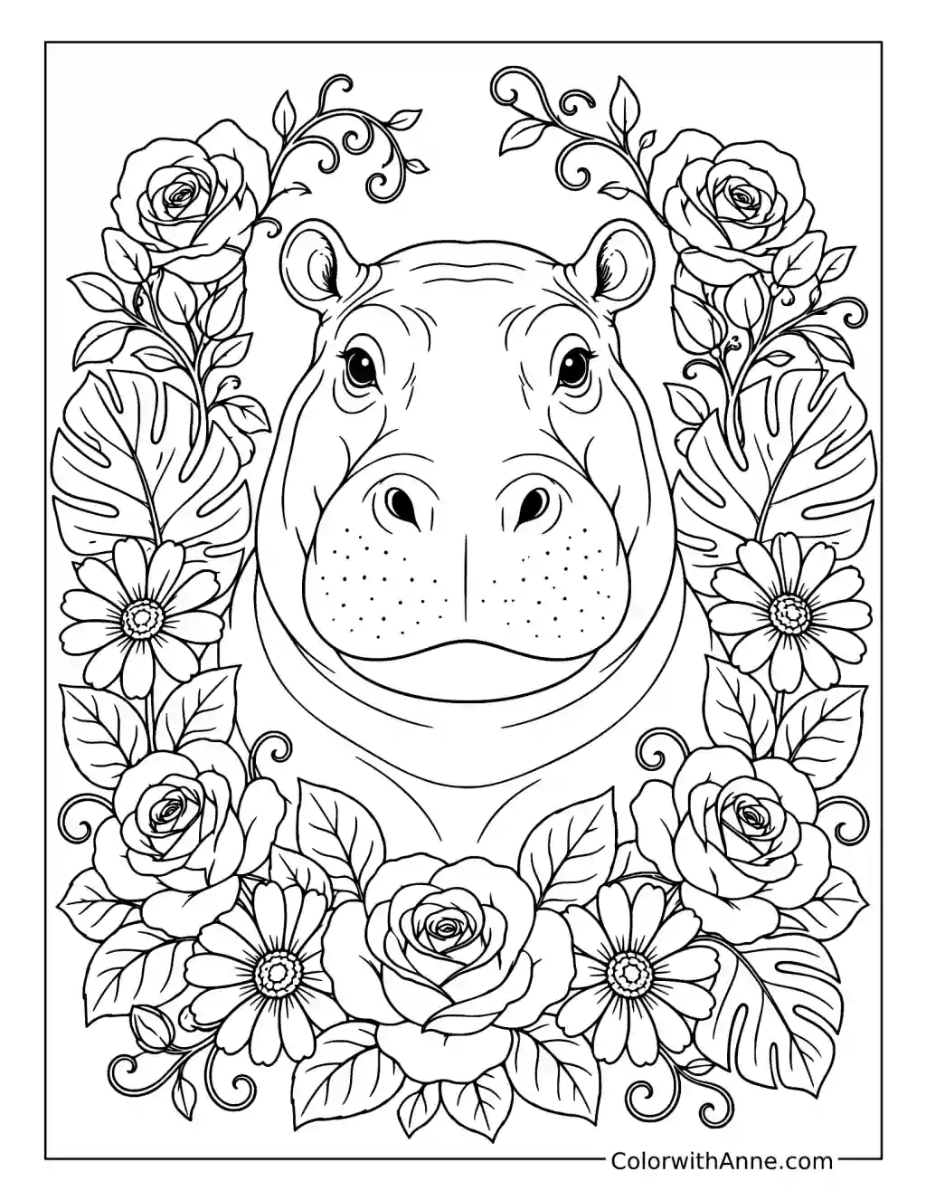 Majestic Floral Hippo Portrait coloring page