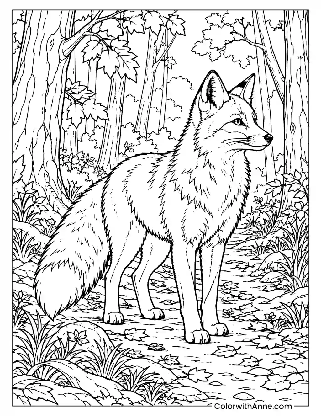 Majestic Fox in Autumn Forest Coloring Page