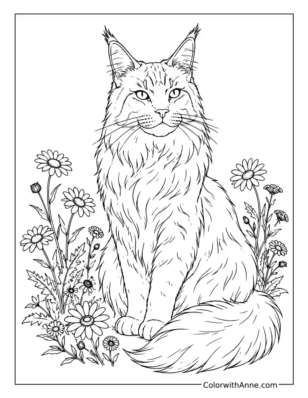 Majestic Maine Coon in a Wildflower Garden coloring page