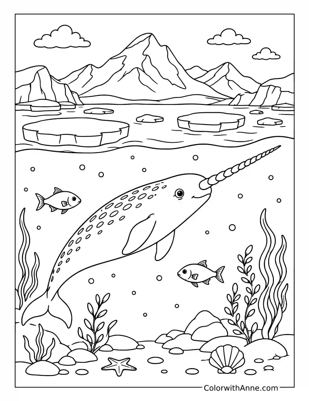 Majestic Narwhal in an Arctic Seascape coloring page