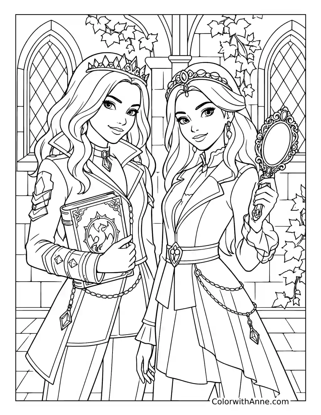 Mal and Evie in a Castle Corridor coloring page