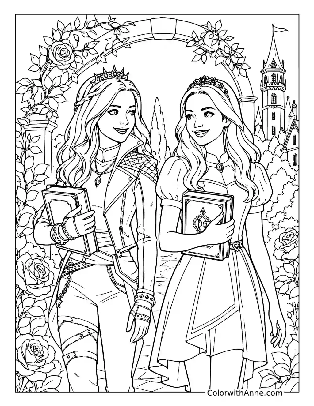 Mal and Evie Walking Through the Academy Garden coloring page