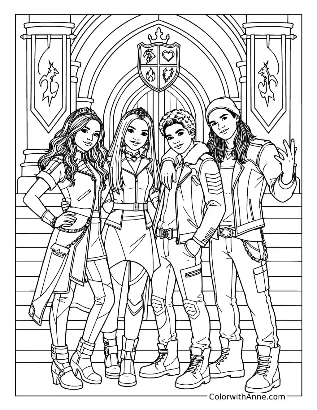 Mal, Evie, Carlos, and Jay at Auradon Academy coloring page