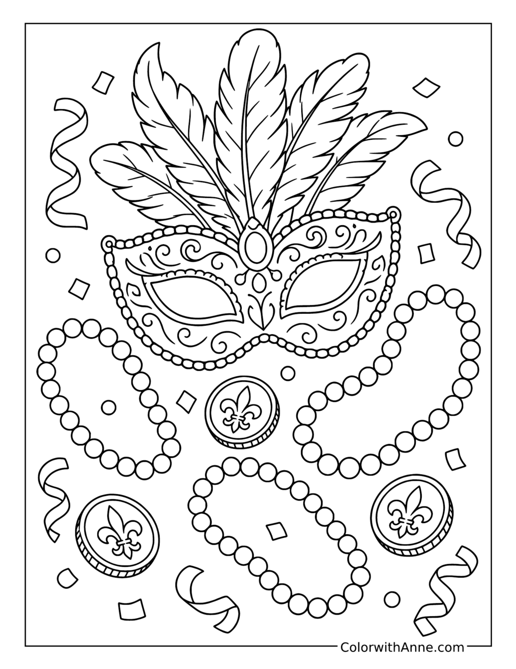 Mardi Gras Beads and Mask coloring page