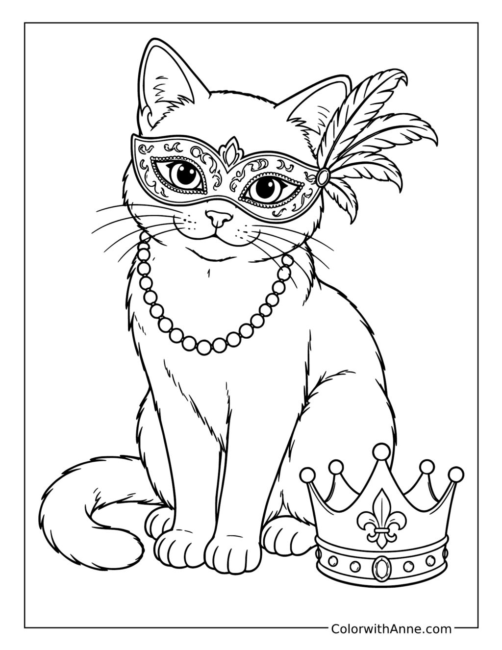 Mardi Gras Cat with a Feathered Mask coloring page