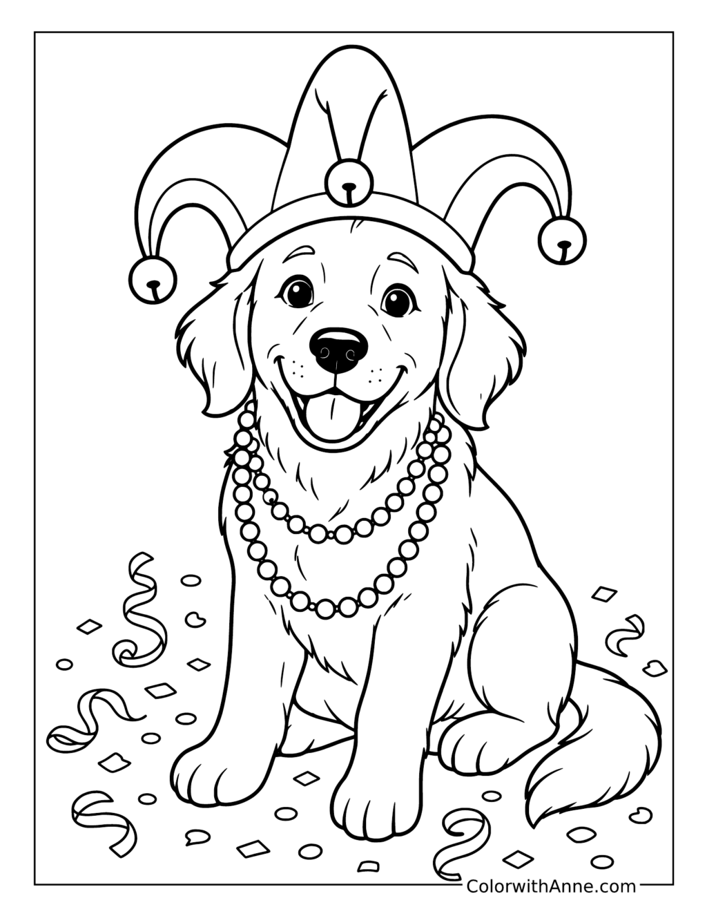 Mardi Gras Dog in a Jester Hat coloring page