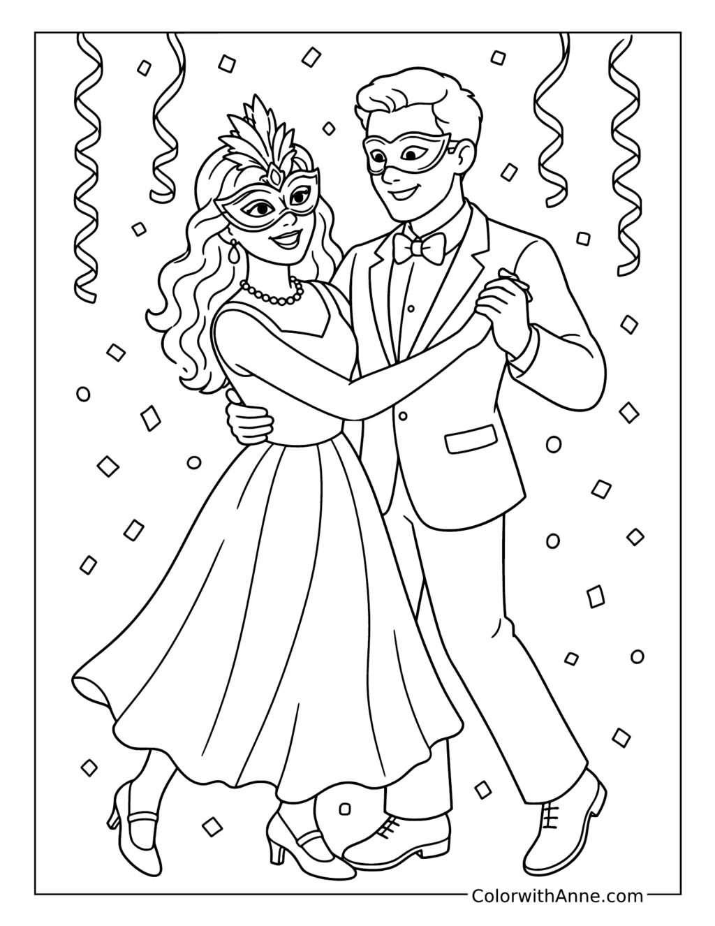 Mardi Gras Masquerade Couple Dancing coloring page
