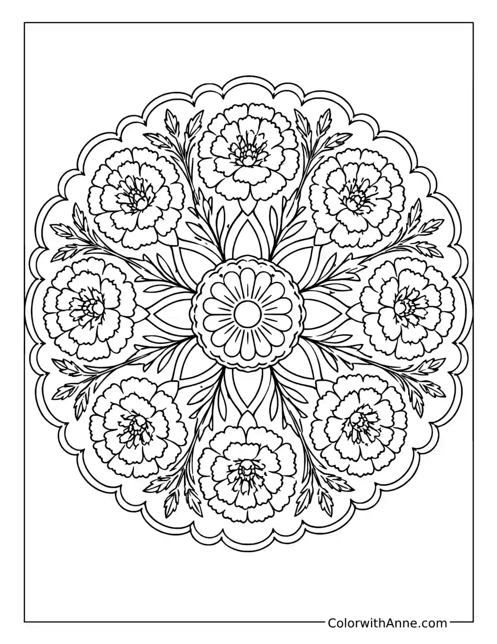 Marigold Sunwheel Mandala coloring page