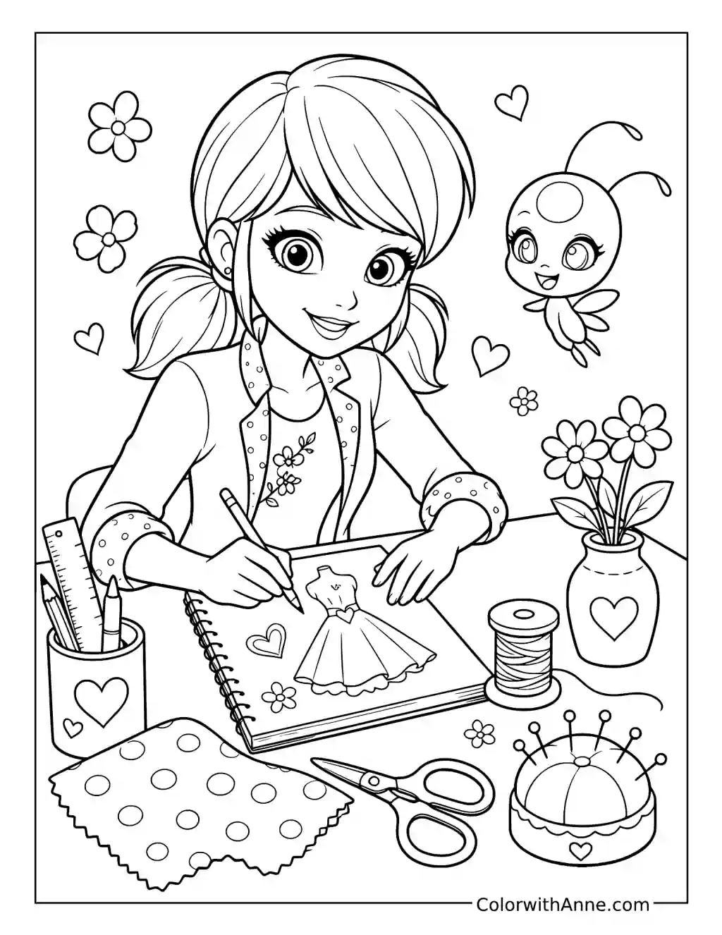 Marinette Designing a Dress with Tikki coloring page