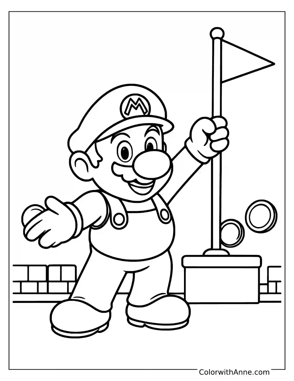 Coloring page of Mario at the goal flag