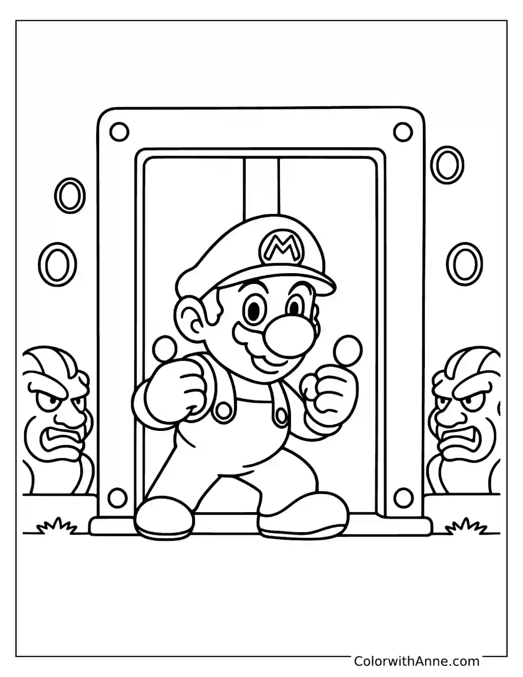 Coloring page of Mario beside a door