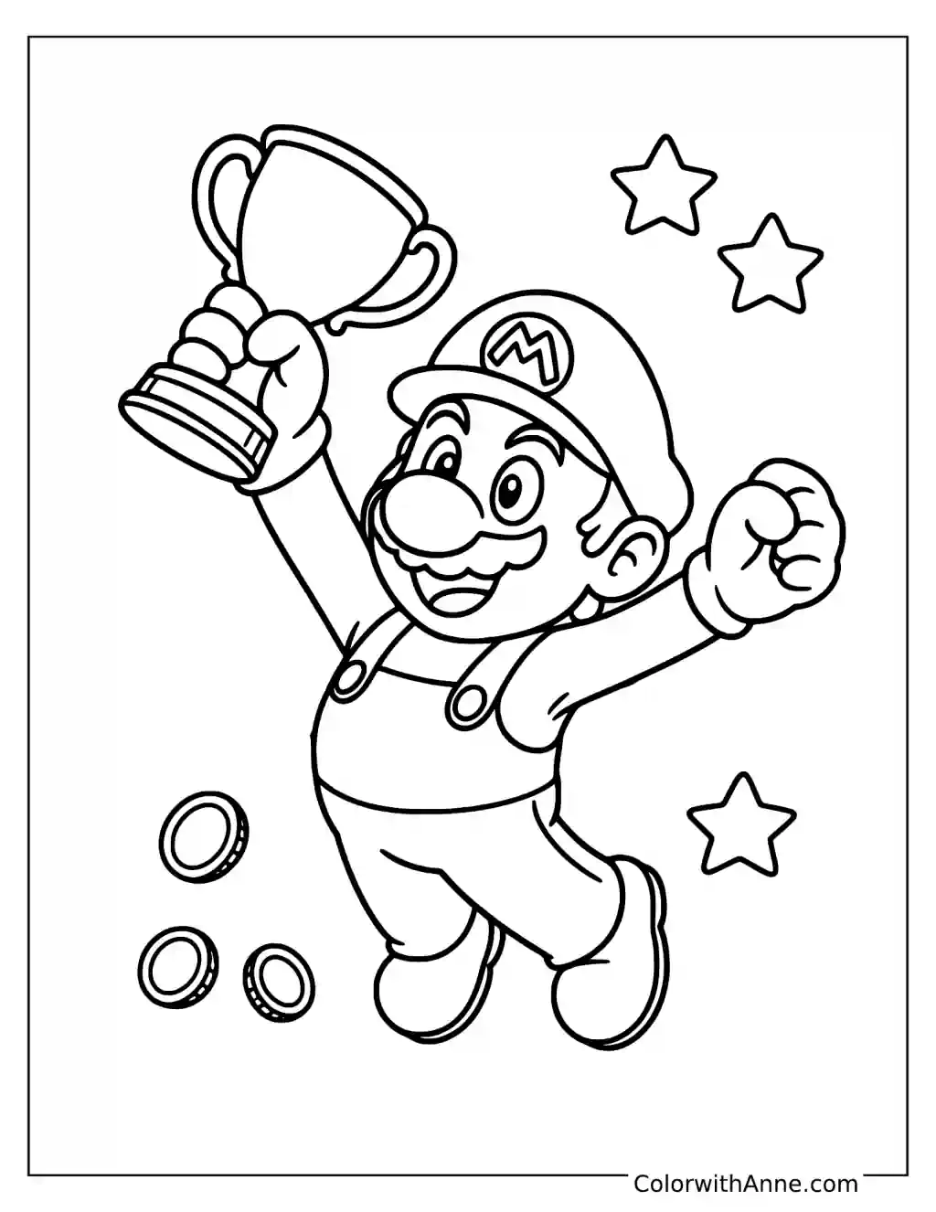 Coloring page of Mario celebrating with a trophy