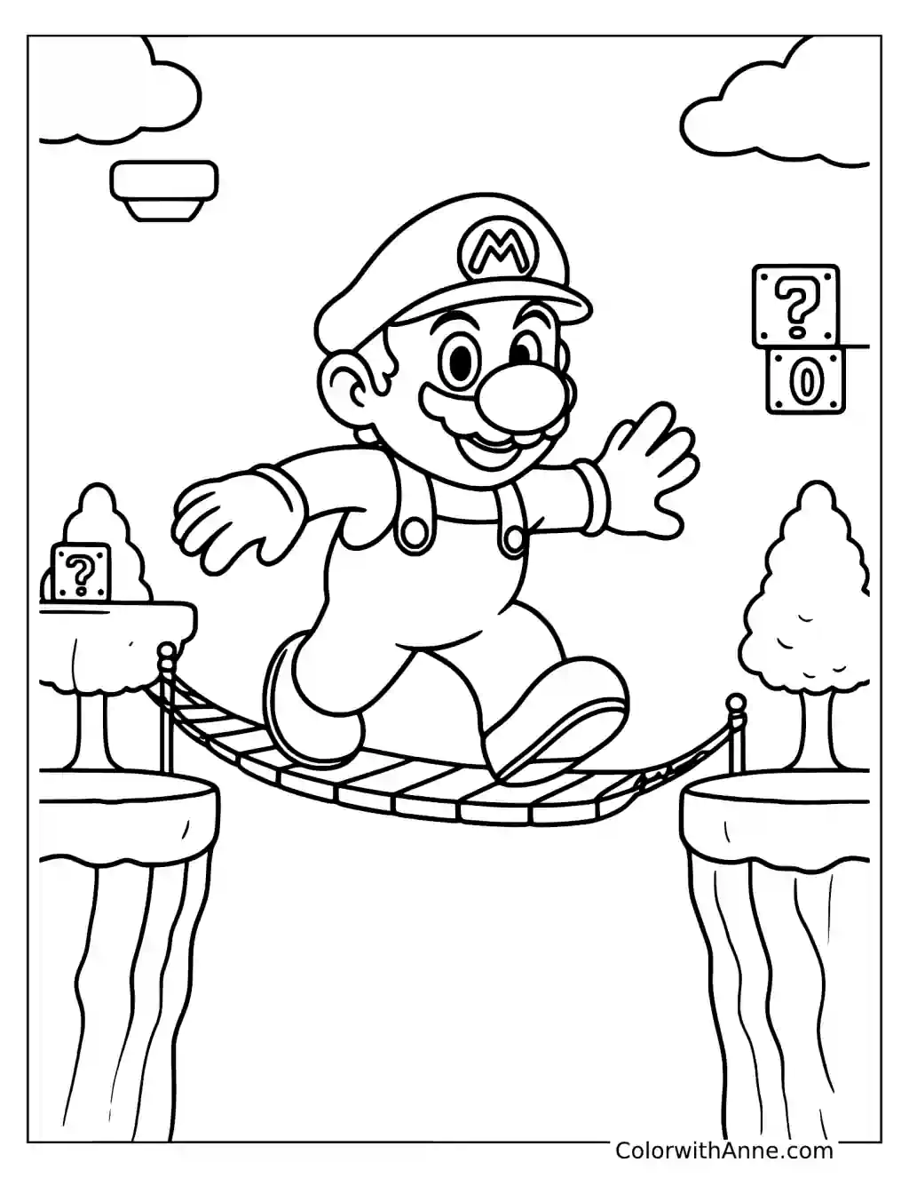 Coloring page of Mario crossing a rope bridge