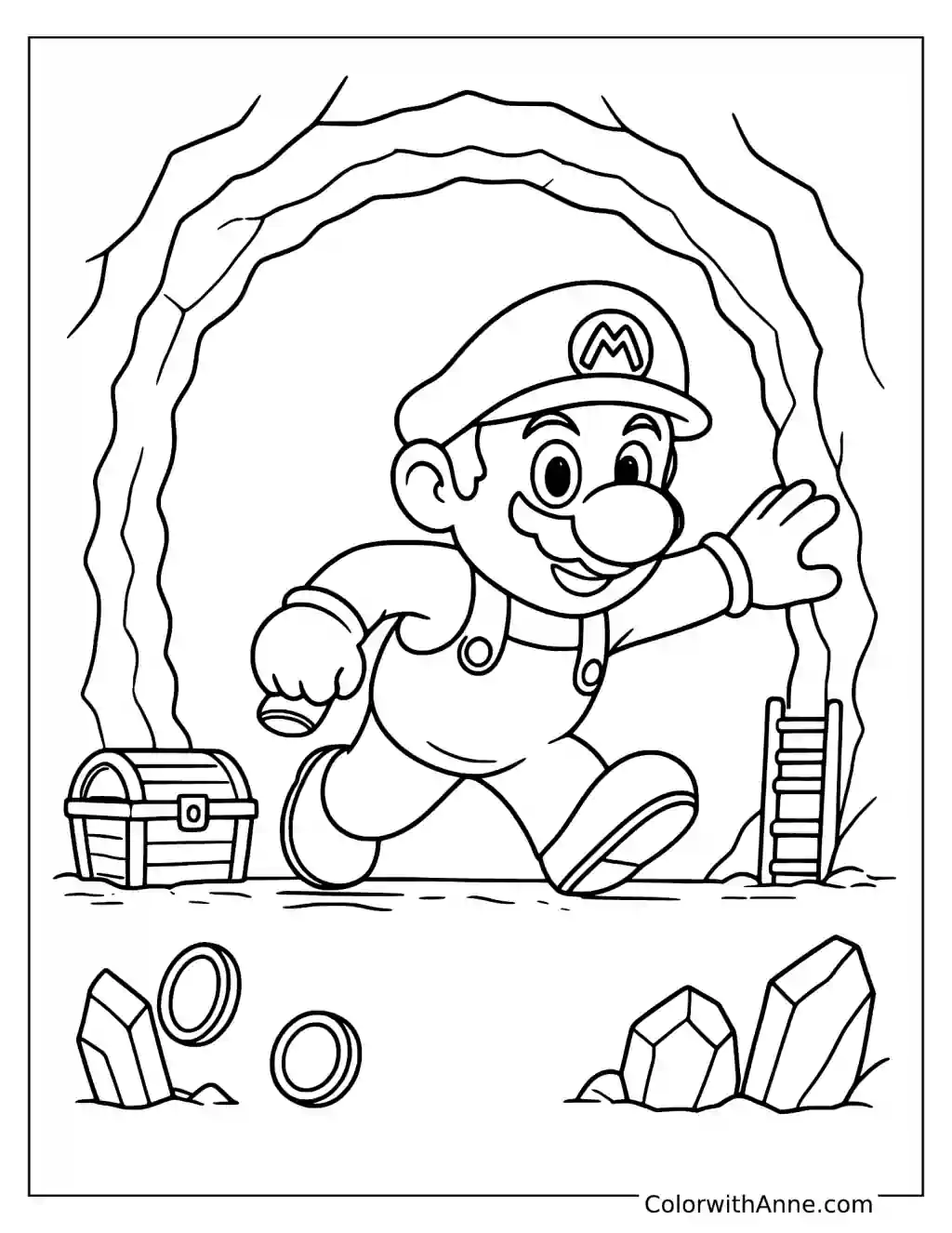 Coloring page of Mario exploring a crystal cave