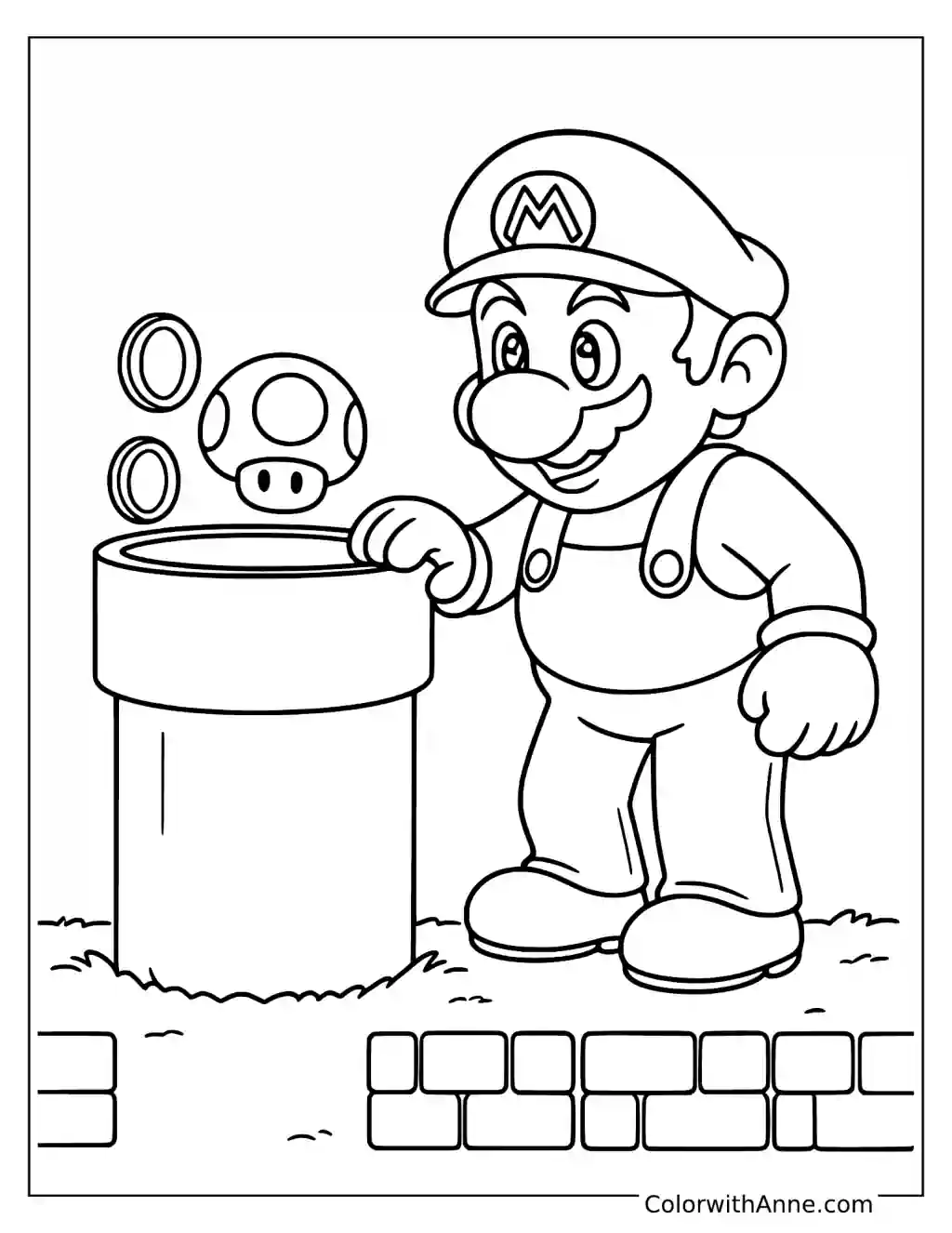 Coloring page of Mario finding a mushroom in a warp pipe