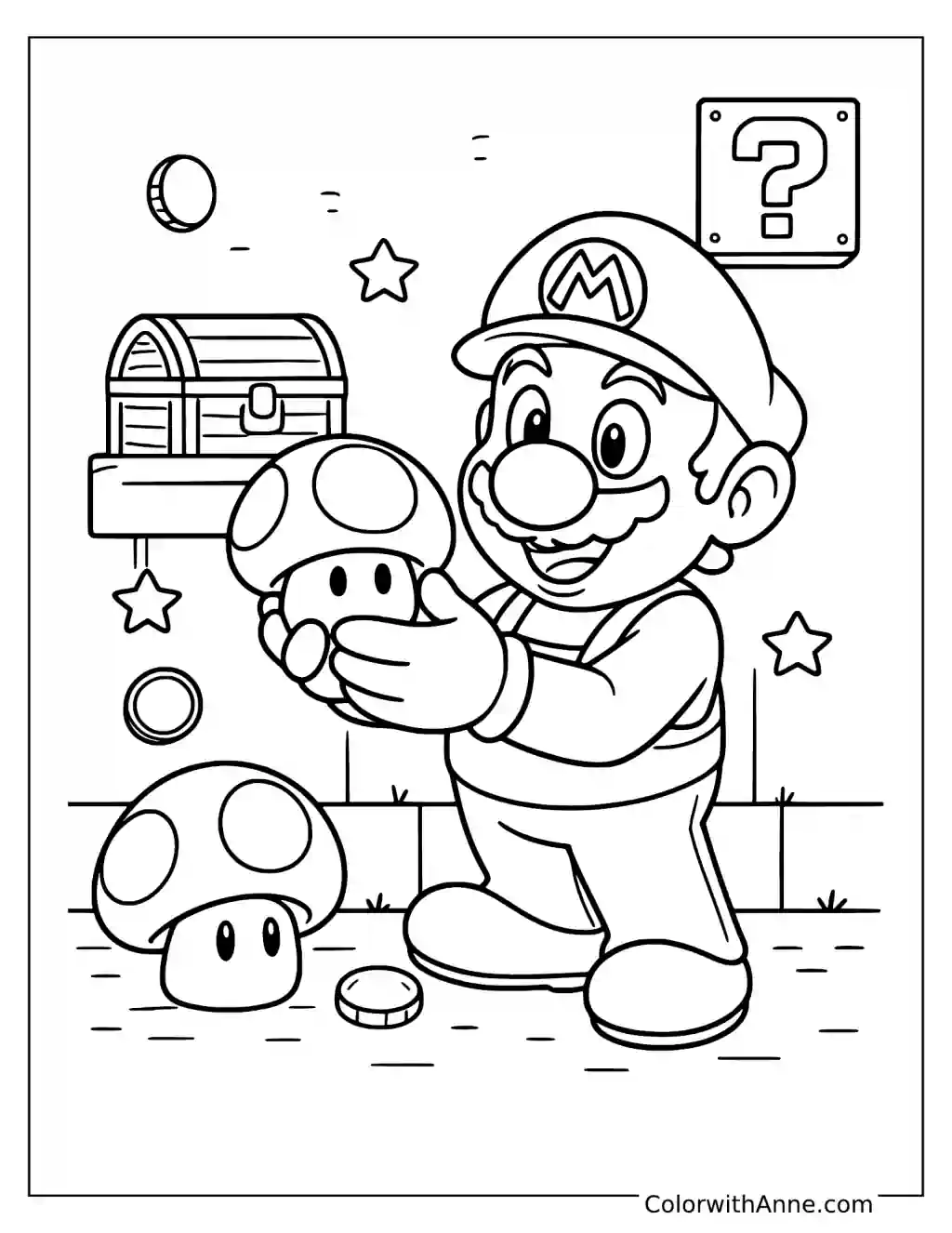 Coloring page of Mario holding a mushroom beside a treasure chest