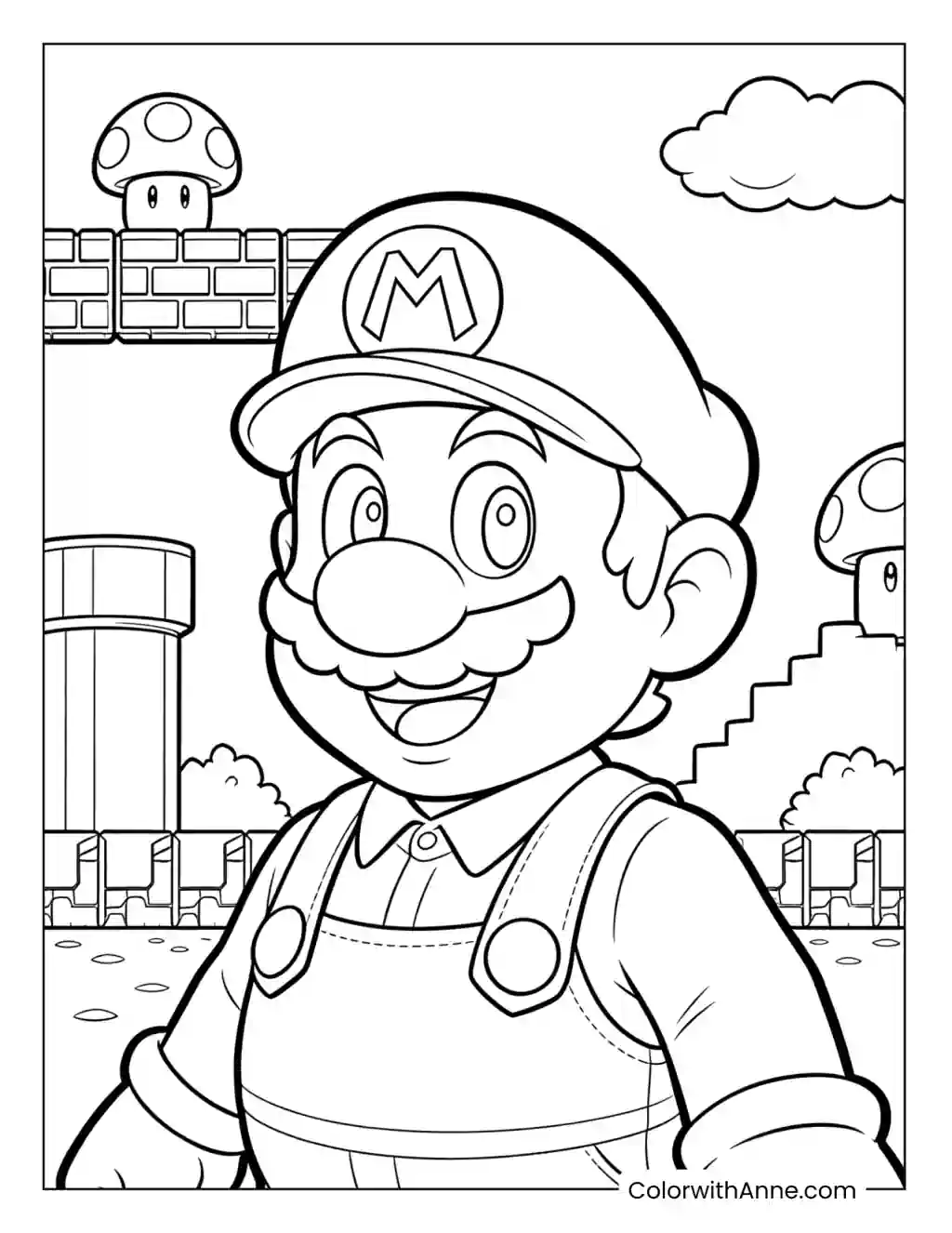 Mario in a Mushroom Kingdom Scene Coloring Page