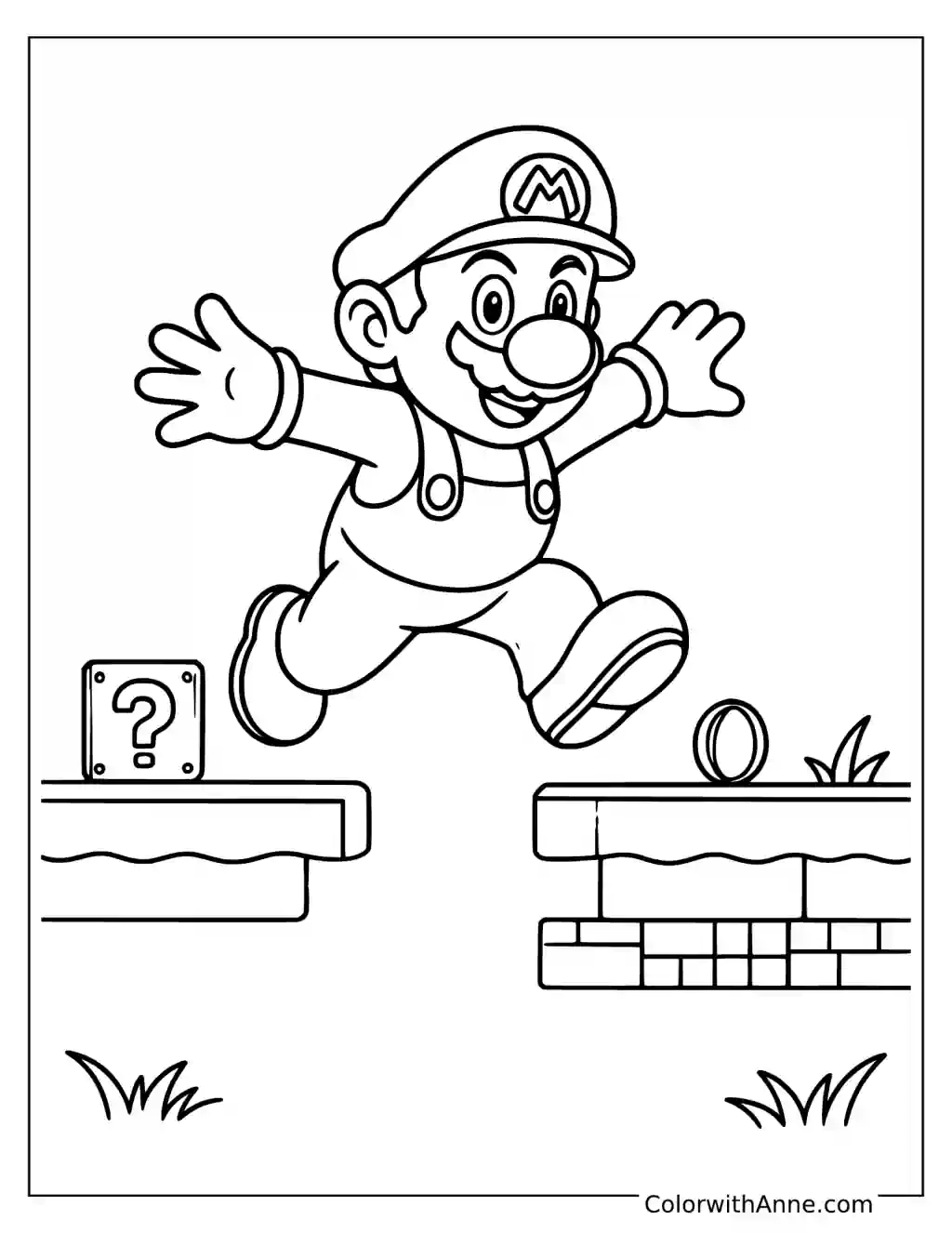 Coloring page of Mario jumping across brick platforms
