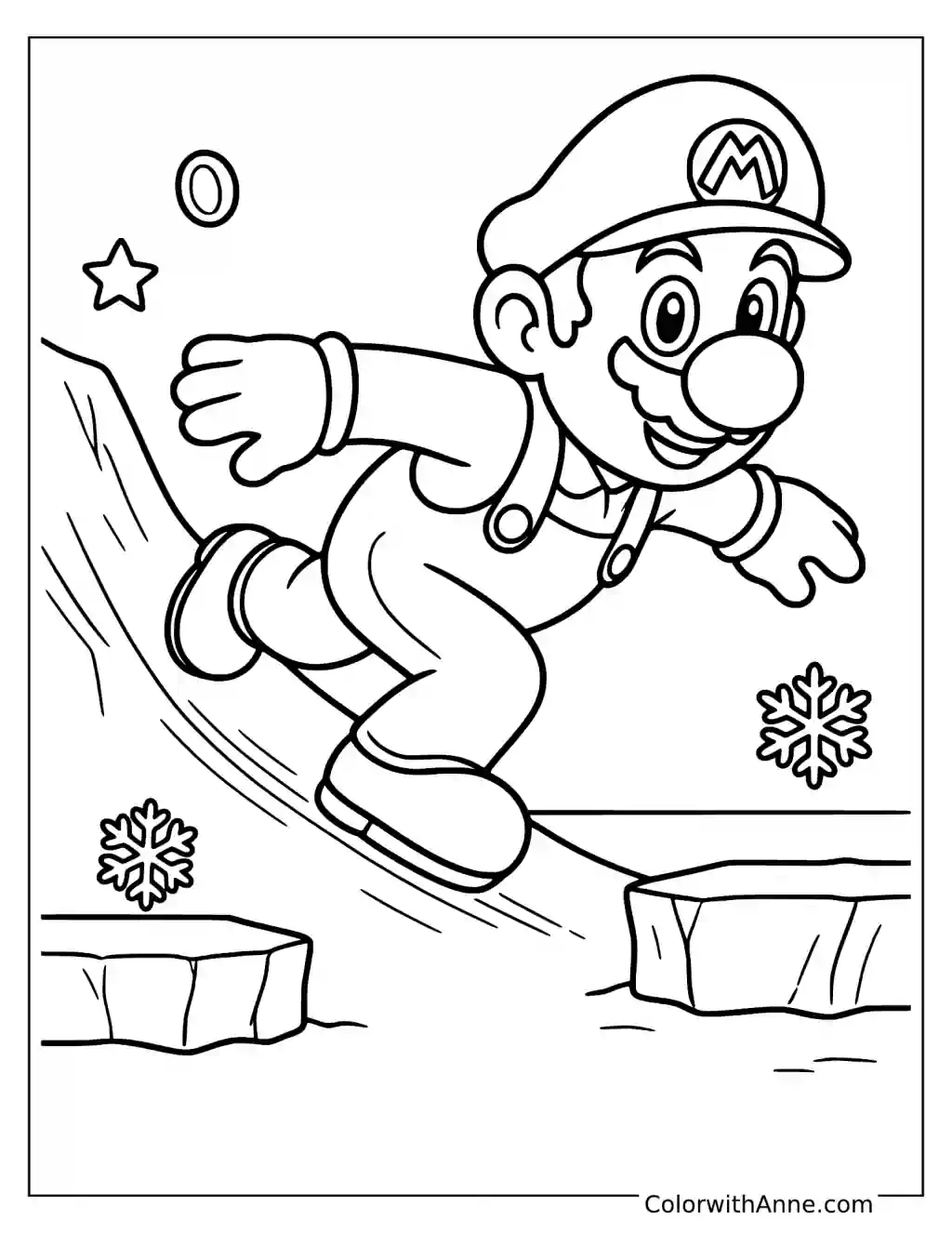 Coloring page of Mario jumping across icy platforms