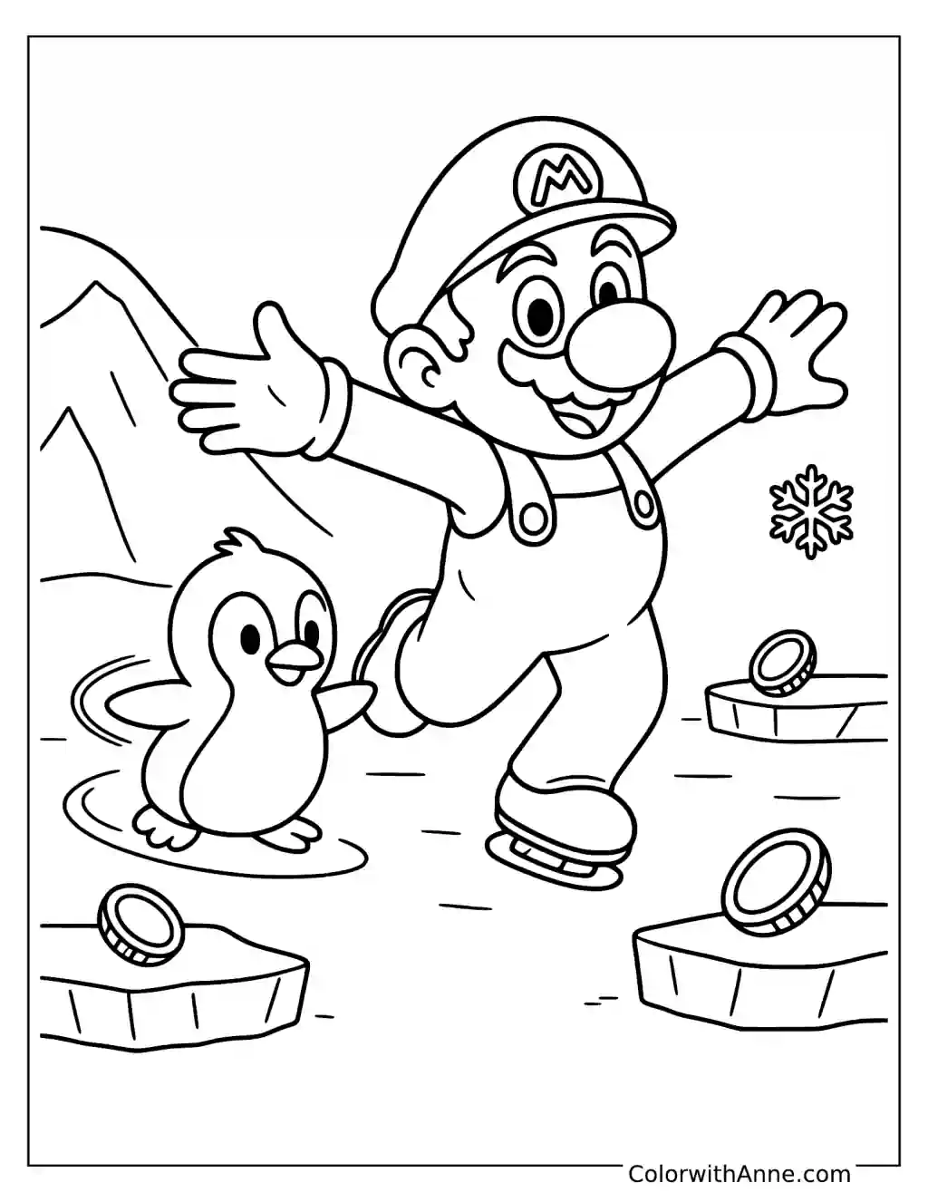 Coloring page of Mario leaping beside a penguin